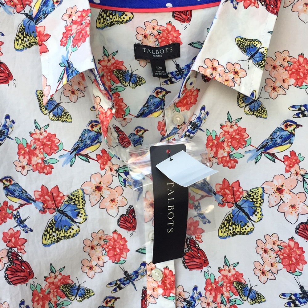 Talbots Floral Bird Print Button Up Blouse Long Sleeve Size PL - Picture 4 of 7